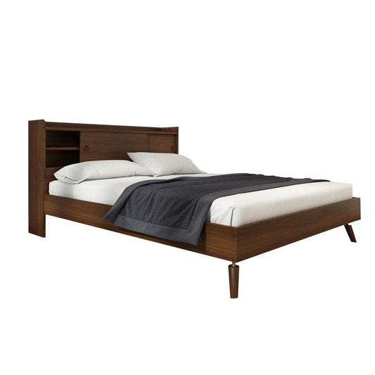 Toen Queen Size Bed, Tall Headboard with Sliding Door Shelves, Brown Acacia By Casagear Home