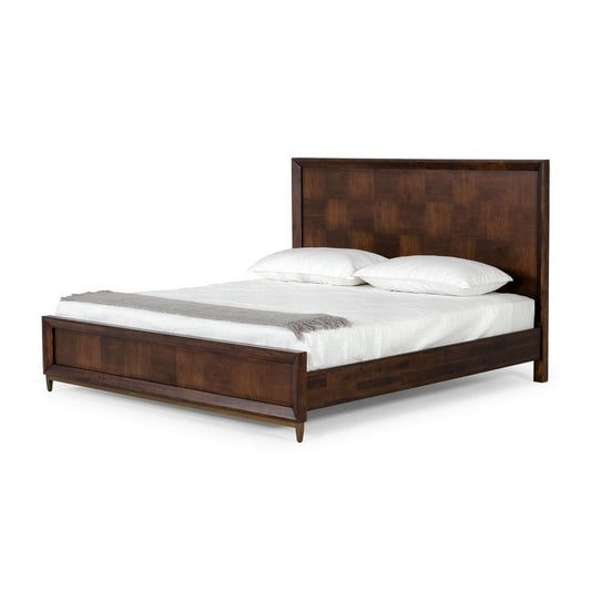 Cid Kew King Size Bed, Tall Headboard, Textured Block Pattern Brown Veneer By Casagear Home