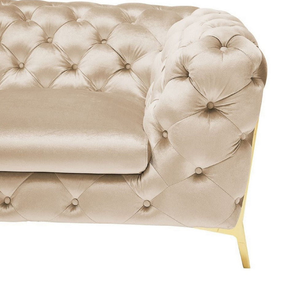 Vigo 50 Inch Accent Chair Chesterfield Button Tufted Gold Beige Velour By Casagear Home BM317222