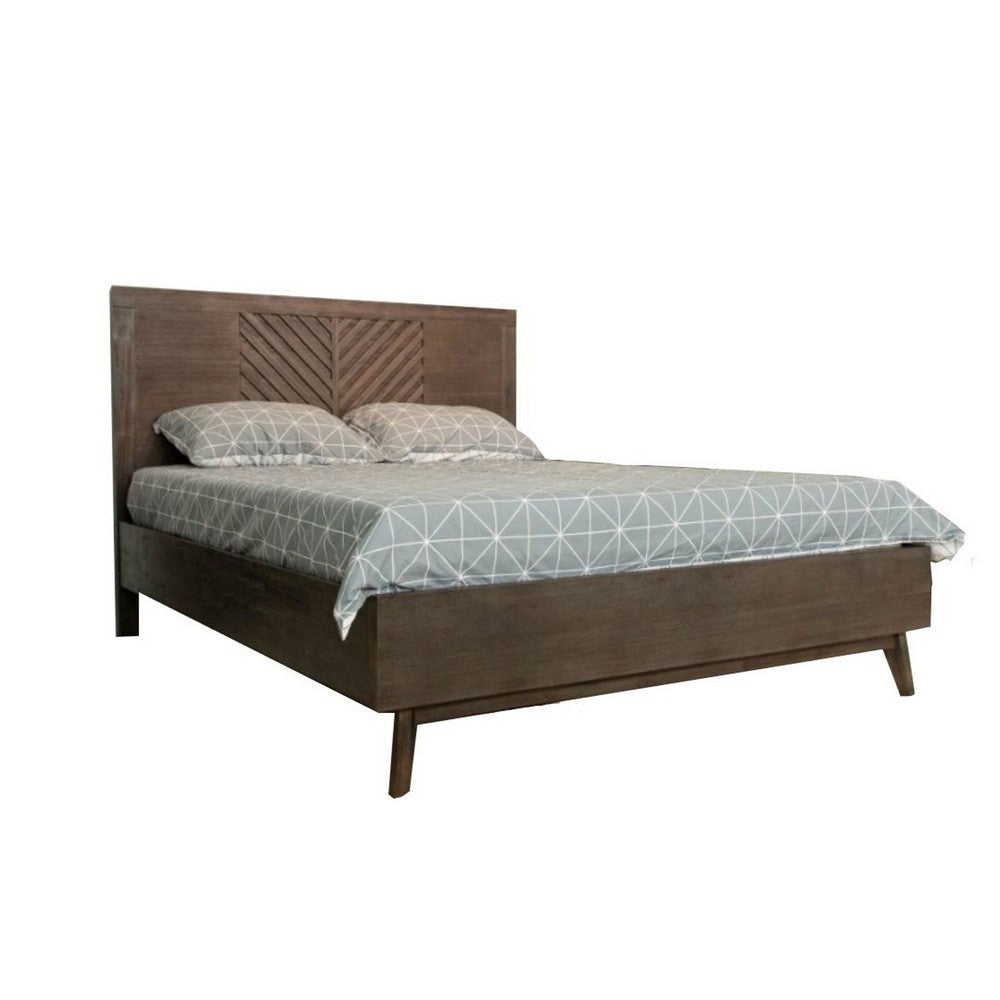 Cid Leno Queen Size Platform Bed, Chevron, Dark Brown Solid Acacia Wood By Casagear Home