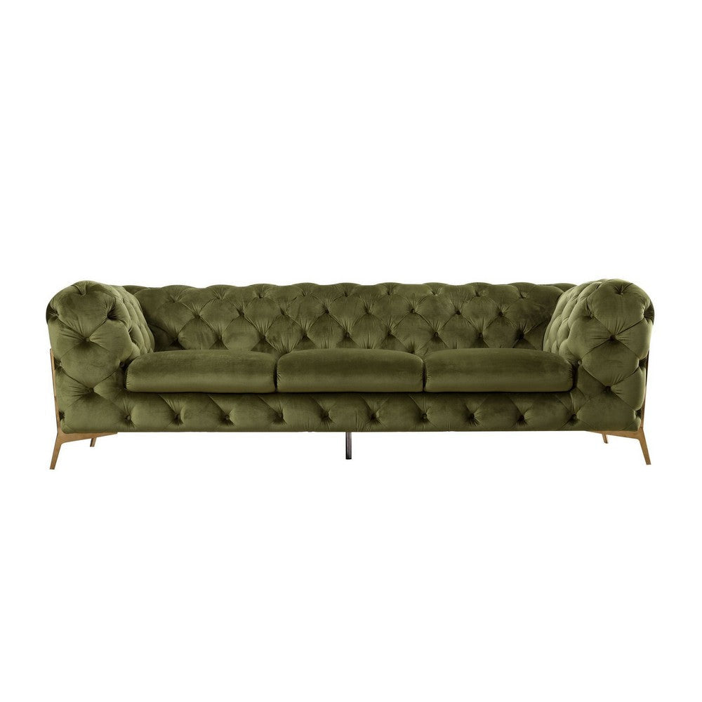 Vigo 97 Inch Sofa Button Tufted Chesterfield Tuxedo Arms Green Gold By Casagear Home BM317228