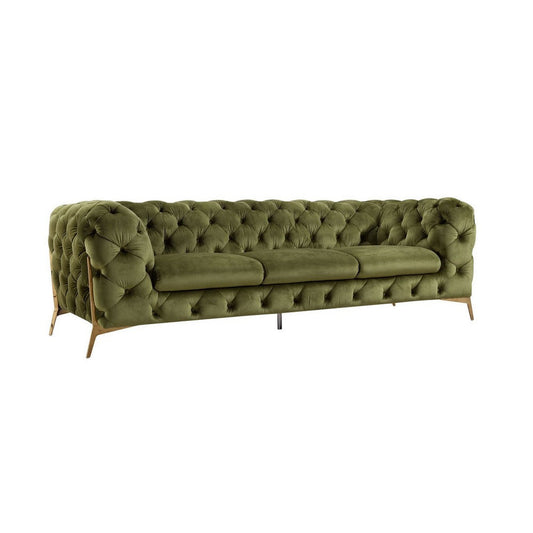 Vigo 97 Inch Sofa, Button Tufted Chesterfield, Tuxedo Arms, Green, Gold By Casagear Home