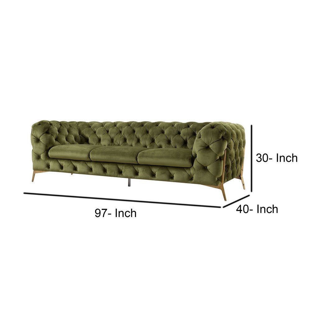 Vigo 97 Inch Sofa Button Tufted Chesterfield Tuxedo Arms Green Gold By Casagear Home BM317228