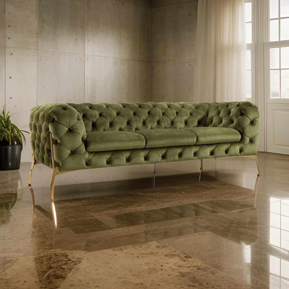 Vigo 97 Inch Sofa Button Tufted Chesterfield Tuxedo Arms Green Gold By Casagear Home BM317228