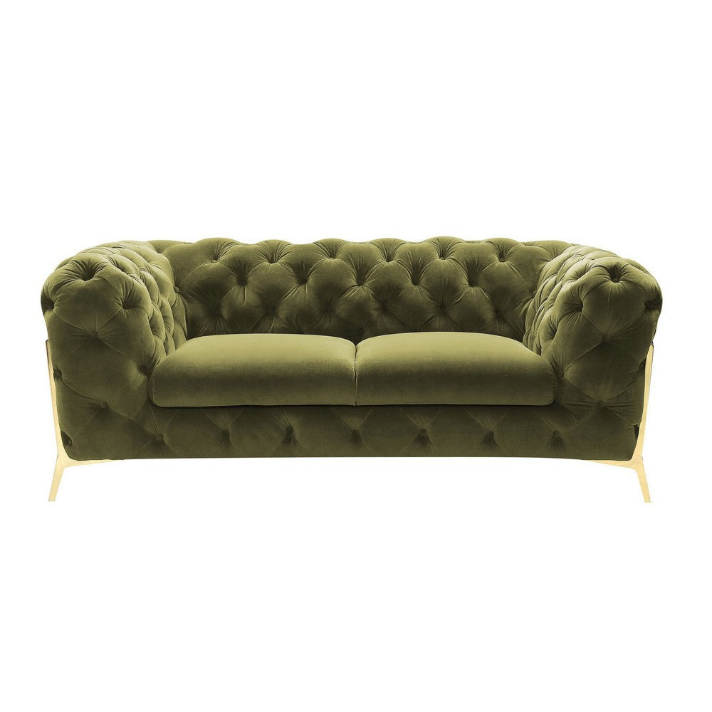 Vigo 74 Inch Loveseat Button Tufted Chesterfield Curved Green Gold By Casagear Home BM317229