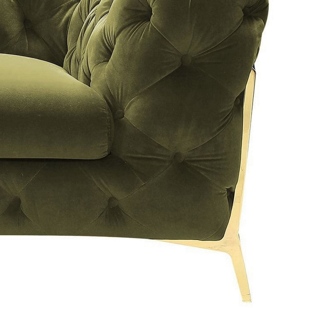 Vigo 74 Inch Loveseat Button Tufted Chesterfield Curved Green Gold By Casagear Home BM317229