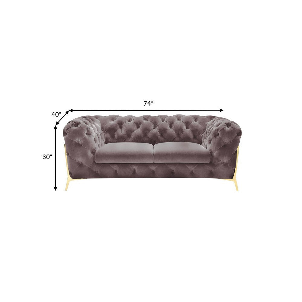 Vigo 74 Inch Loveseat Button Tufted Chesterfield Curved Silver Gold By Casagear Home BM317231