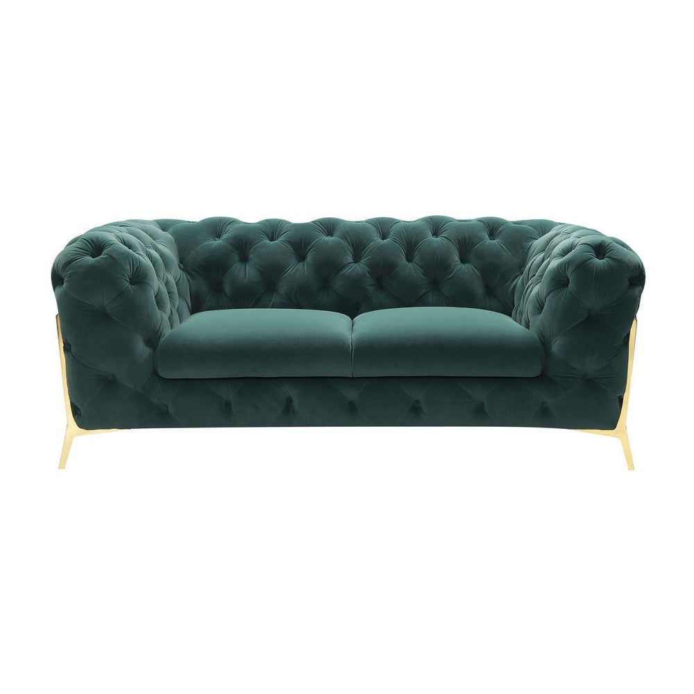 Vigo 74 Inch Loveseat Button Tufted Chesterfield Emerald Green Gold By Casagear Home BM317232