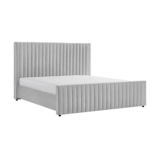 Tini King Size Platform Bed, Gray Velvet Vertical Channel Tufted Upholstery By Casagear Home