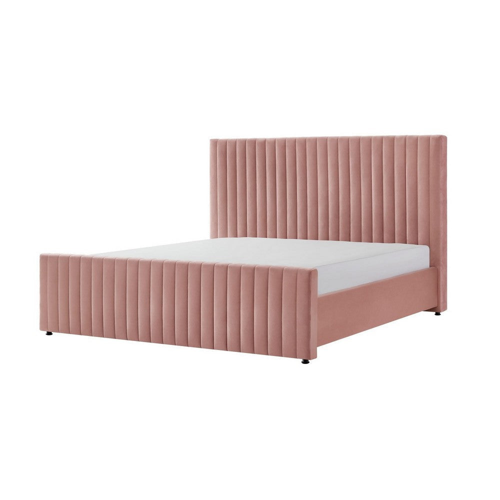 Tini King Platform Bed Vertical Channel Tufted Upholstery Pink By Casagear Home BM317244