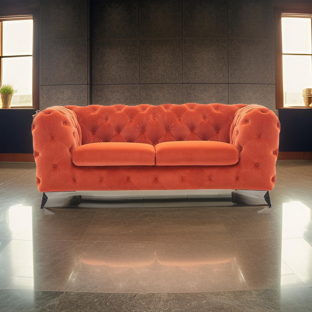 Vigo 74 Inch Loveseat Button Tufted Chesterfield Orange Velour Gold By Casagear Home BM317247