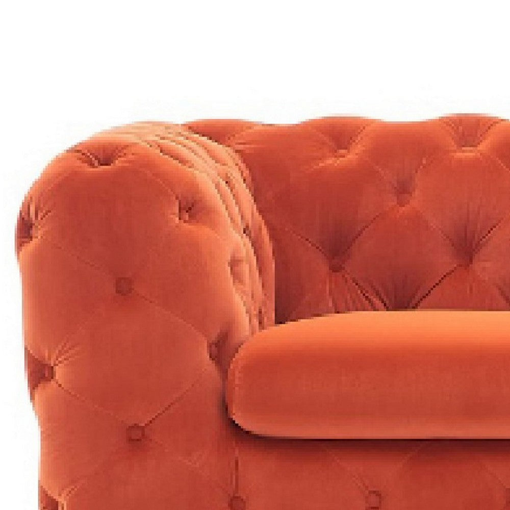 Vigo 97 Inch Sofa Button Tufted Chesterfield Orange Velour Black By Casagear Home BM317248