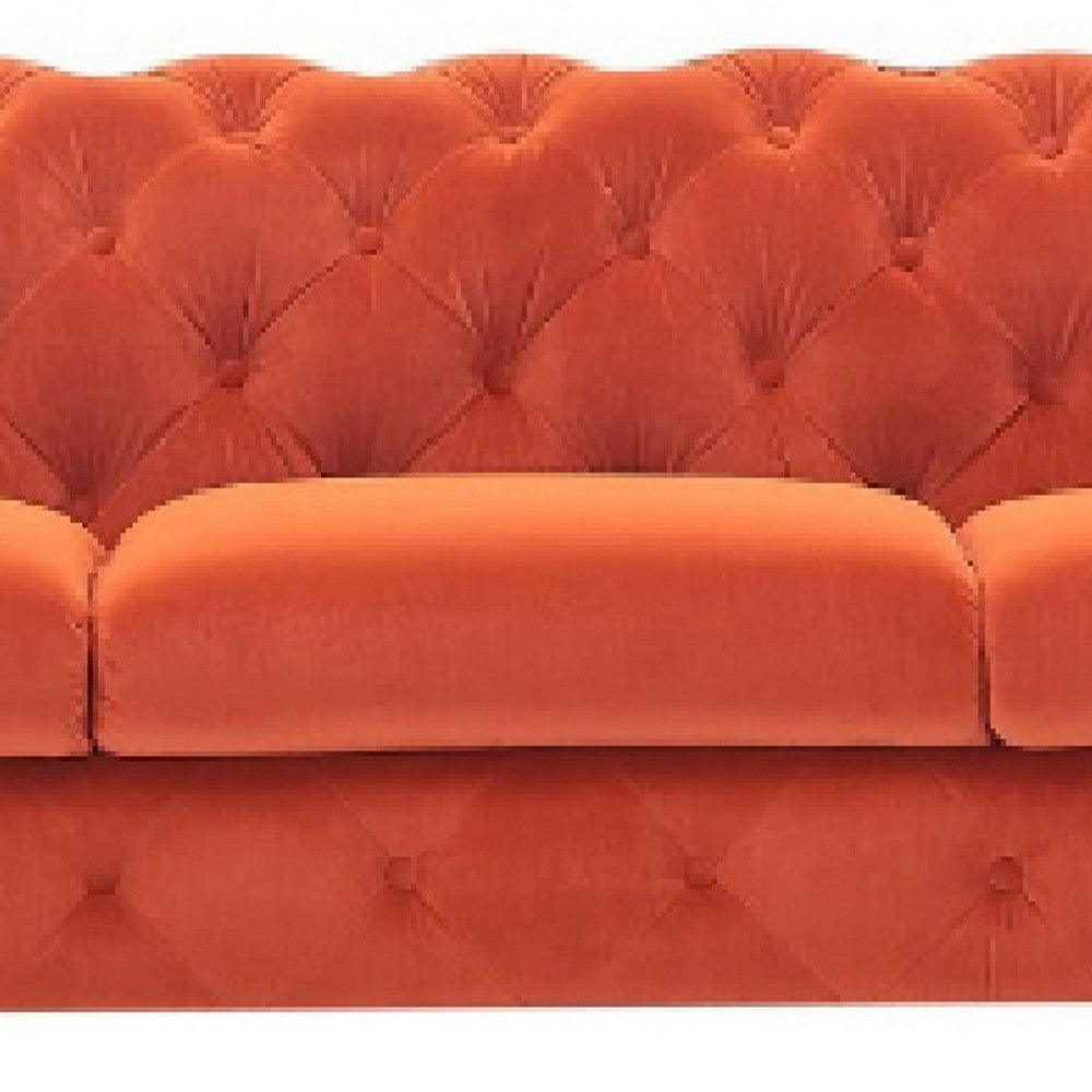 Vigo 97 Inch Sofa Button Tufted Chesterfield Orange Velour Black By Casagear Home BM317248