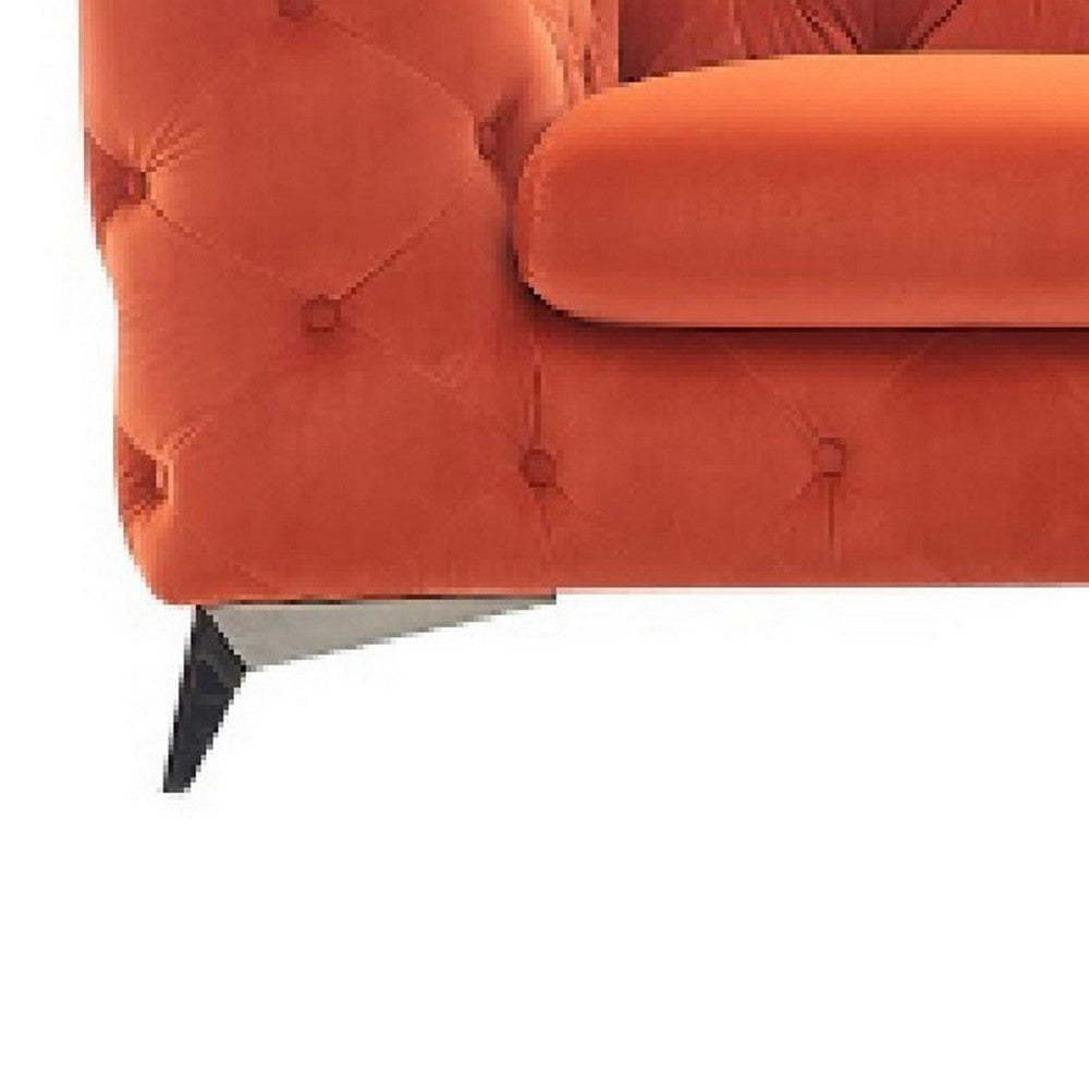 Vigo 97 Inch Sofa Button Tufted Chesterfield Orange Velour Black By Casagear Home BM317248