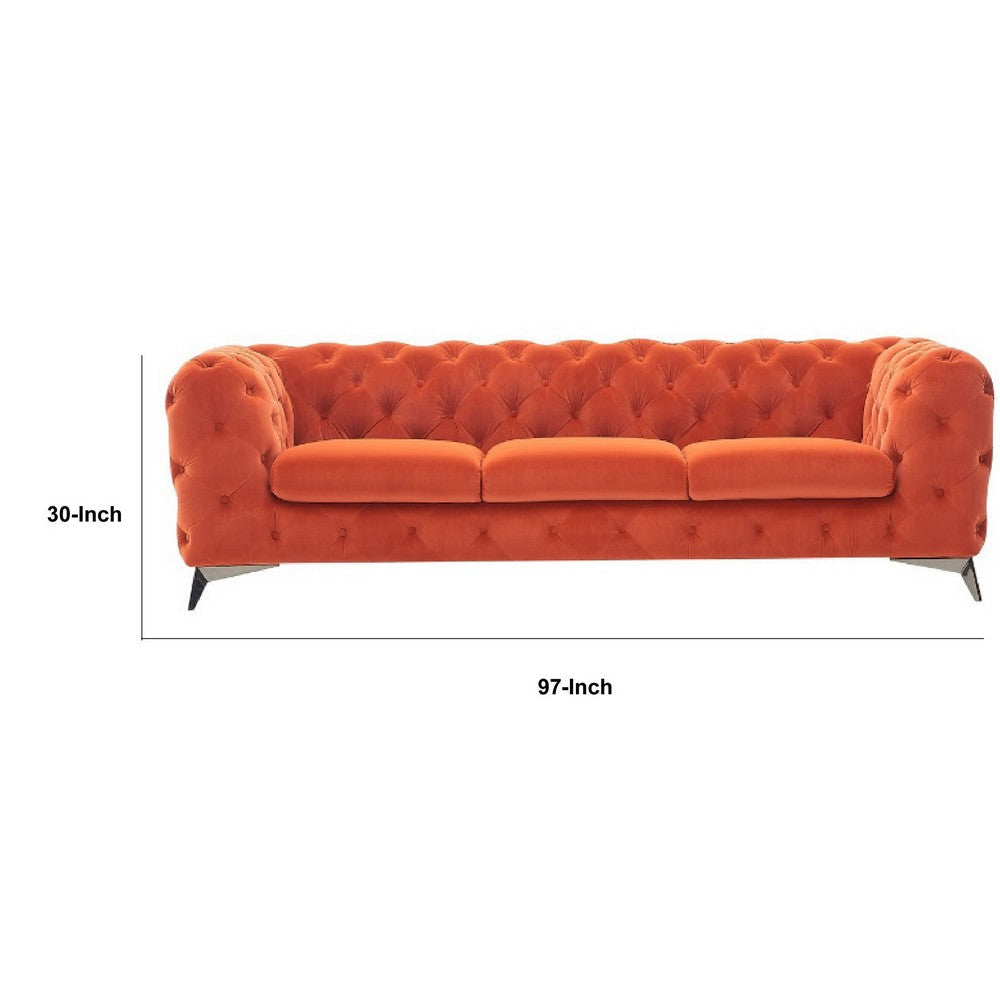 Vigo 97 Inch Sofa Button Tufted Chesterfield Orange Velour Black By Casagear Home BM317248