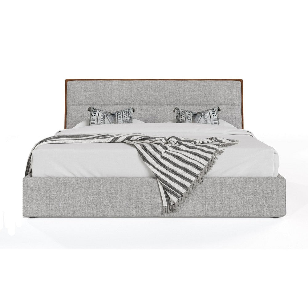 Aki Queen Size Platform Bed Cushioned Upholstery Gray Polyester Walnut By Casagear Home BM317253