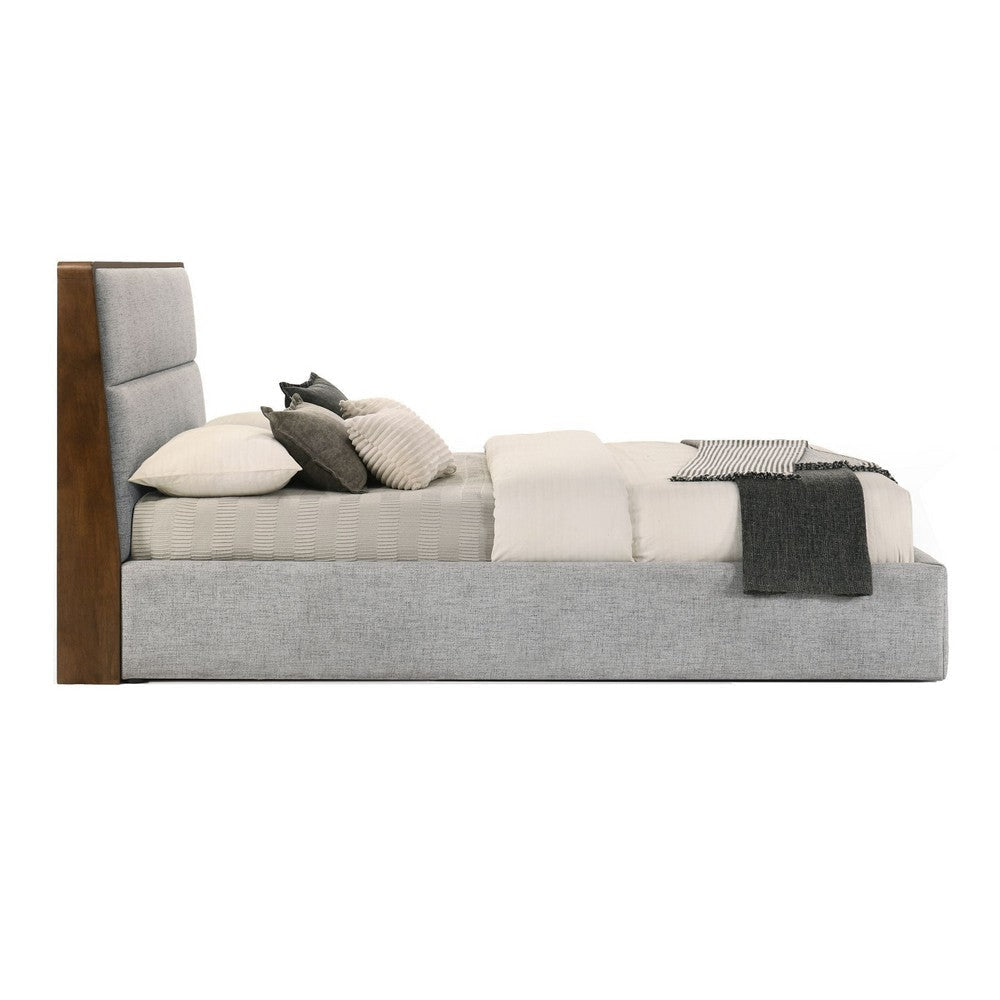 Aki Queen Size Platform Bed Cushioned Upholstery Gray Polyester Walnut By Casagear Home BM317253