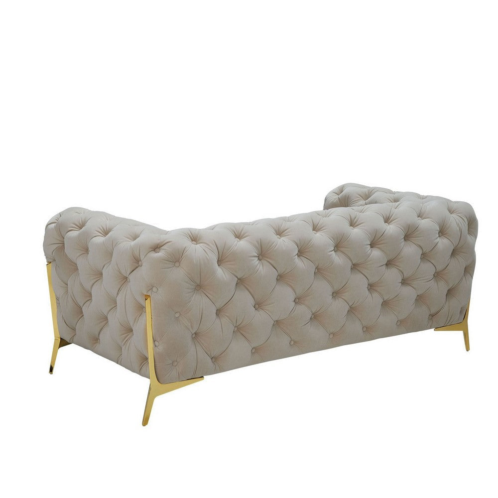 Vigo 74 Inch Loveseat Button Tufted Chesterfield Curved Beige Gold By Casagear Home BM317257