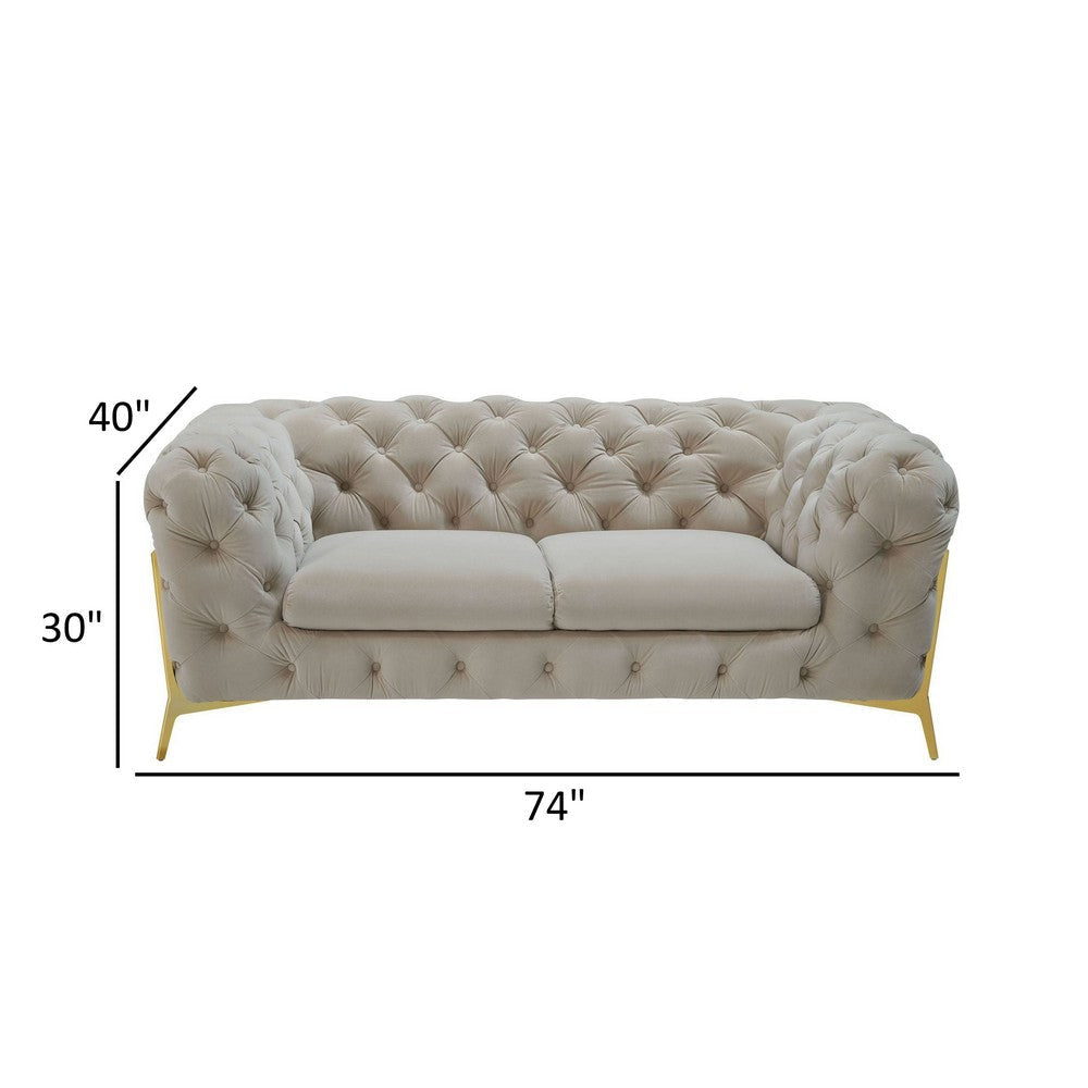 Vigo 74 Inch Loveseat Button Tufted Chesterfield Curved Beige Gold By Casagear Home BM317257