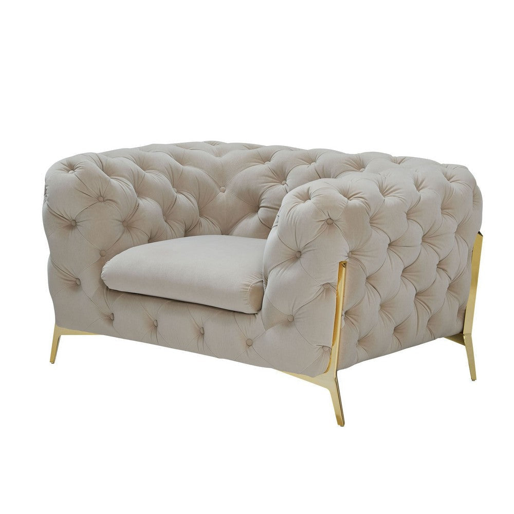 Vigo 50 Inch Accent Chair, Chesterfield Button Tufted Design, Gold, Beige By Casagear Home