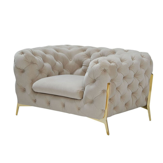 Vigo 50 Inch Accent Chair, Chesterfield Button Tufted Design, Gold, Beige By Casagear Home