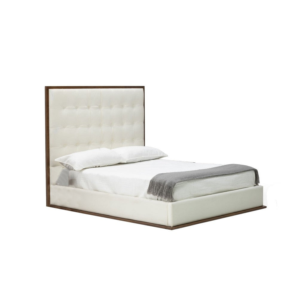 Cid Jess Queen Platform Bed, White Tufted Faux Leather, Walnut Brown By Casagear Home