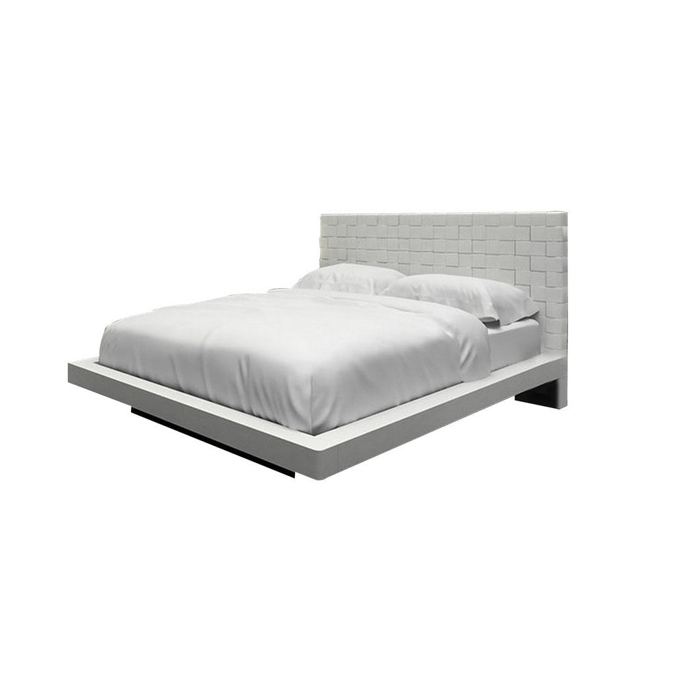 Queen Platform Bed Crosshatch White Faux Leather Upholstered Headboard By Casagear Home BM317272