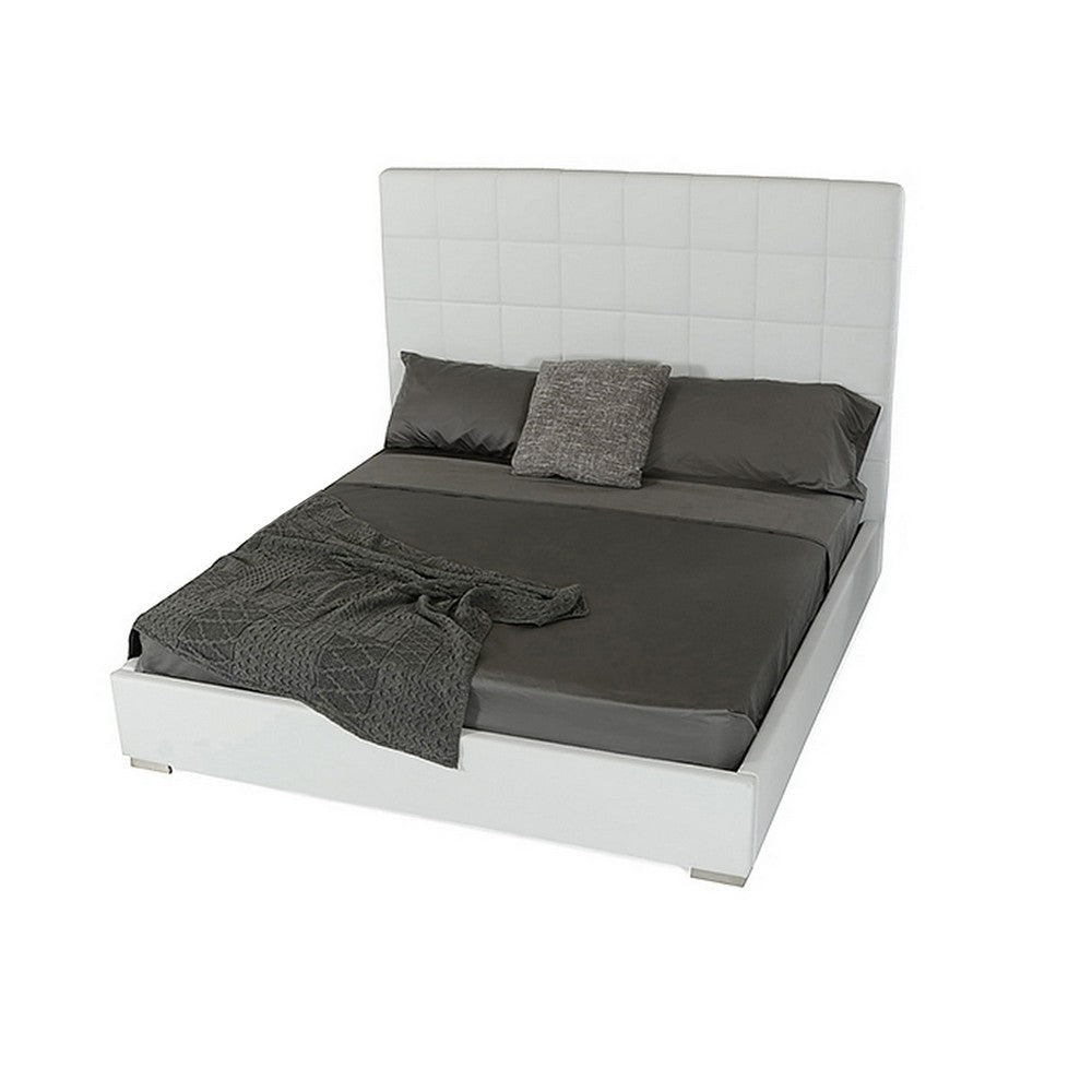 Lako Queen Size Platform Bed Grid Tufted White Faux Leather Upholstery By Casagear Home BM317274