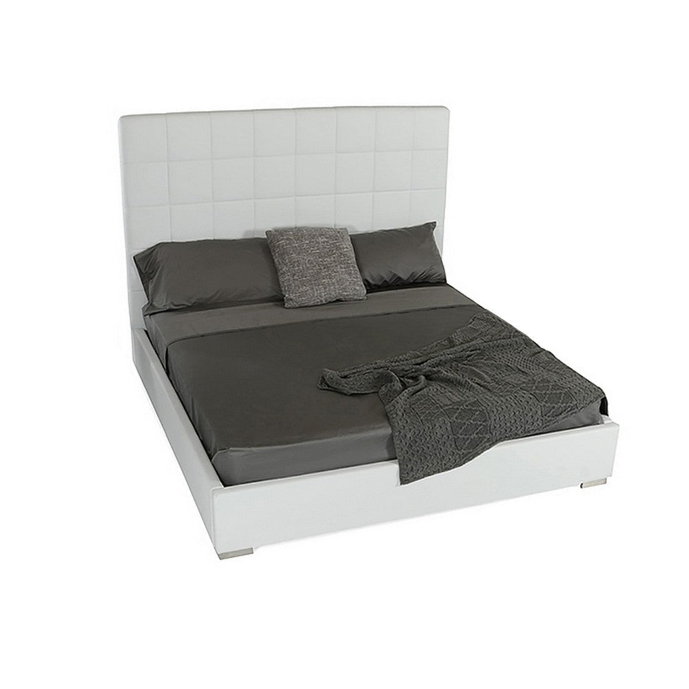 Lako Queen Size Platform Bed, Grid Tufted White Faux Leather Upholstery By Casagear Home