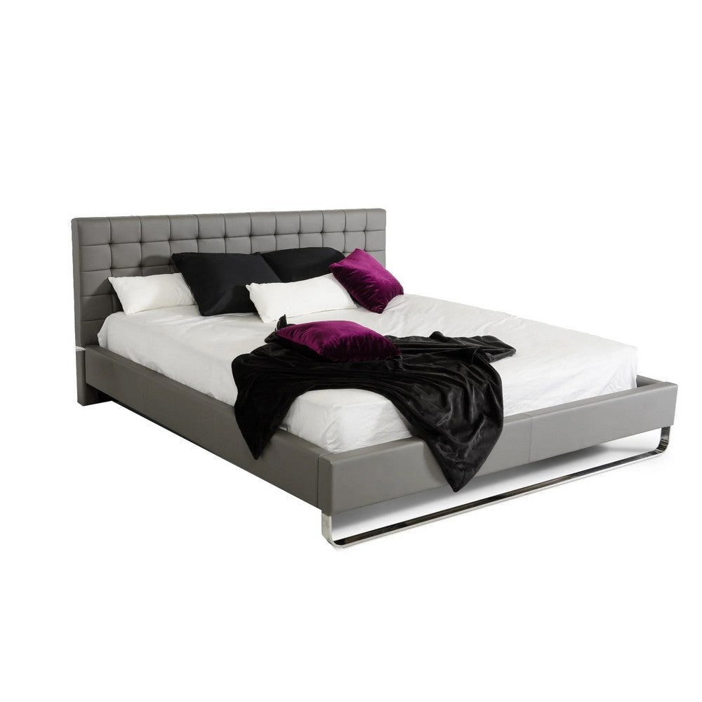 Zio Queen Size Platform Bed, Cushioned Tufted Gray Faux Leather Upholstery By Casagear Home