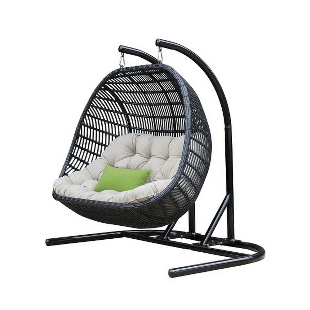 Sia 69 Inch Oversized Hanging Chair Swing 2 Seater Beige Black Frame By Casagear Home BM317283