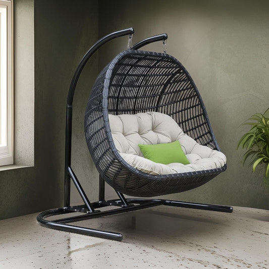 Sia 69 Inch Oversized Hanging Chair Swing 2 Seater Beige Black Frame By Casagear Home BM317283