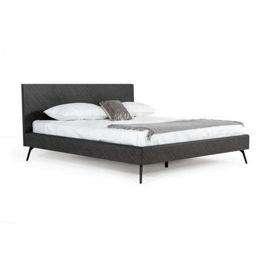 Ian Queen Size Bed with Tall Headboard, Gray Elm Veneer, Black Metal Legs By Casagear Home