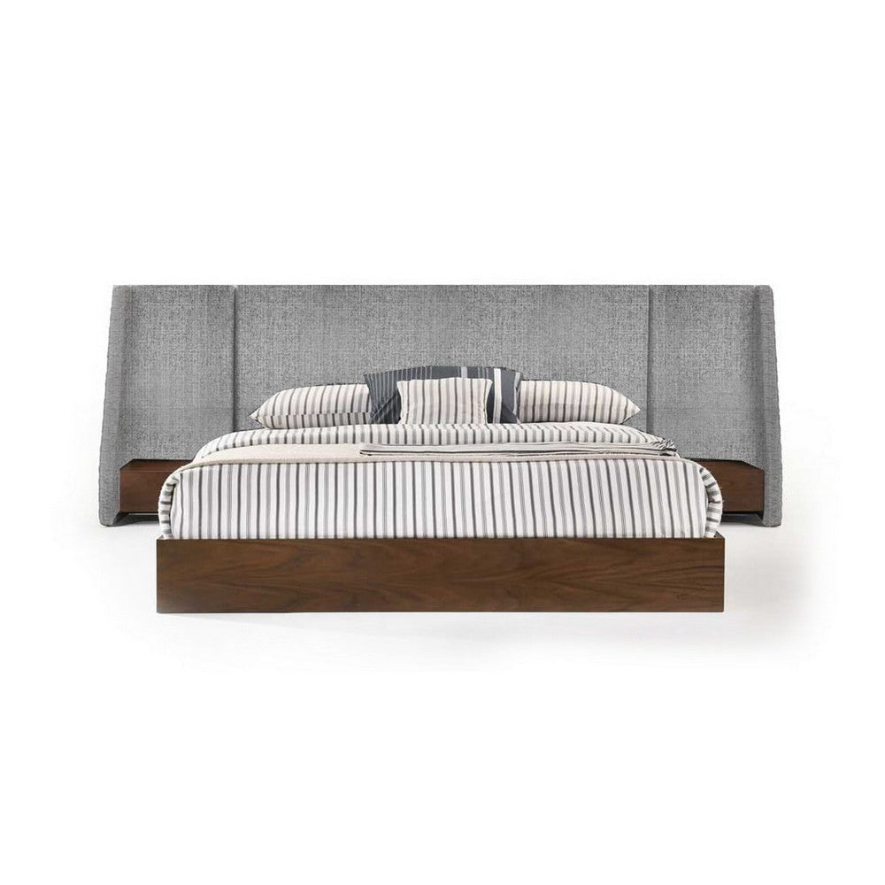 Nie Queen Bed, Gray Upholstered Wide Wall Headboard, Walnut Brown Wood By Casagear Home