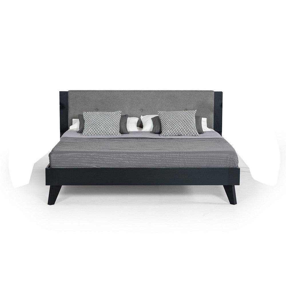 Pio King Size Bed Gray Upholstered Headboard Black Angled Rubberwood Legs By Casagear Home BM317300