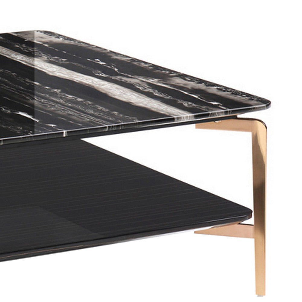 Rin 29 Inch Modern Coffee Table Square Black Marble Top with Shelf Gold By Casagear Home BM317303