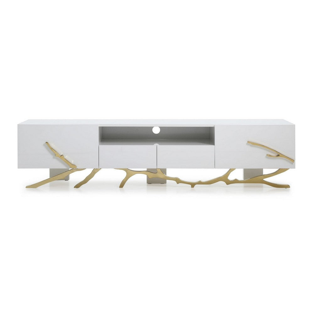 Mene 79 Inch TV Media Entertainment Console with Shelves Gold Branch Base By Casagear Home BM317304