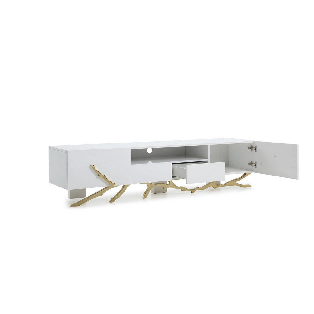 Mene 79 Inch TV Media Entertainment Console with Shelves Gold Branch Base By Casagear Home BM317304