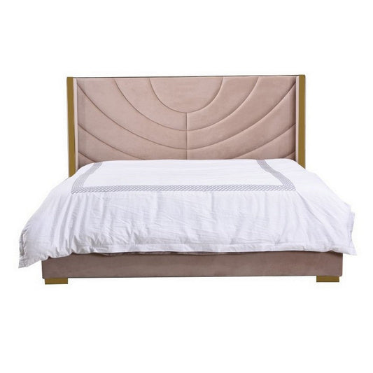 Reno King Bed, Half Loop Pink Velvet Upholstered Headboard, Gold Metal By Casagear Home