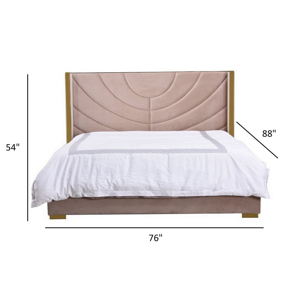 Reno King Bed Half Loop Pink Velvet Upholstered Headboard Gold Metal By Casagear Home BM317306