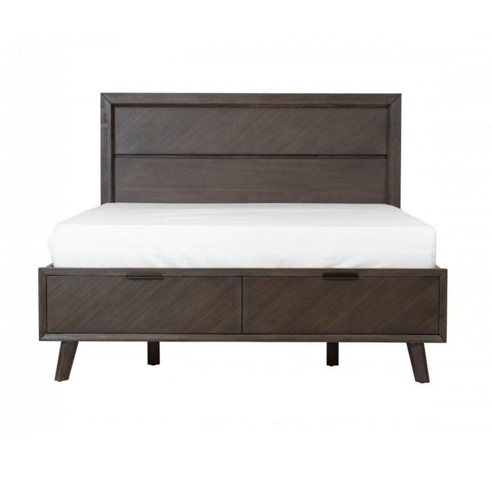 Cid Vein Queen Size Platform Bed Panel Headboard 2 Drawers Brown Acacia By Casagear Home BM317312