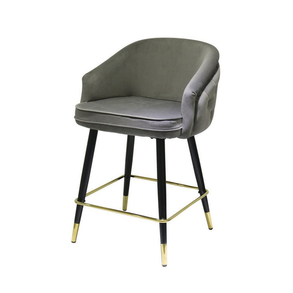 26 Inch Counter Stool Chair Set of 2, Gray Velvet, Curved Back, Black, Gold By Casagear Home