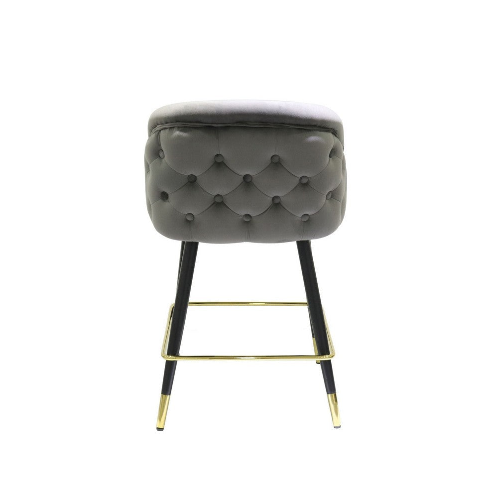 26 Inch Counter Stool Chair Set of 2 Gray Velvet Curved Back Black Gold By Casagear Home BM317320