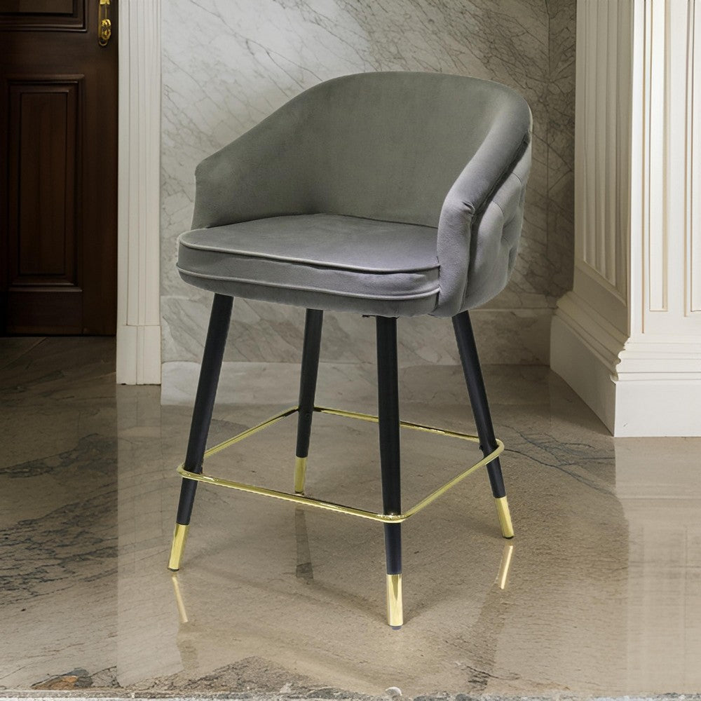 26 Inch Counter Stool Chair Set of 2 Gray Velvet Curved Back Black Gold By Casagear Home BM317320