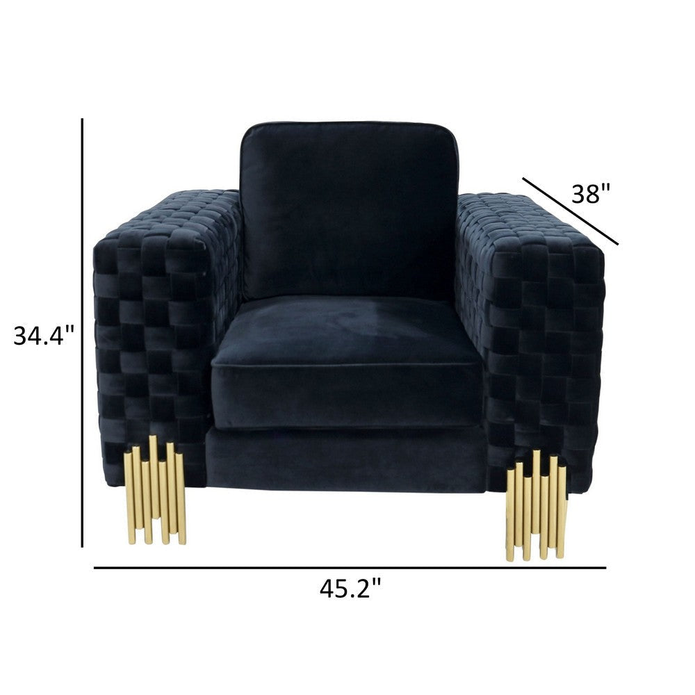 Reno Rio 45 Inch Accent Chair Square Arms Plush Black Velvet Gold By Casagear Home BM317323