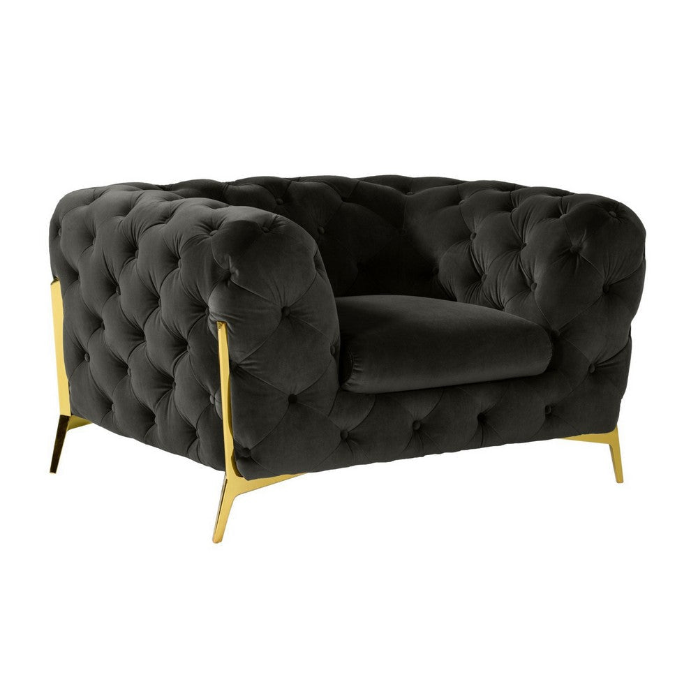 Vigo 50 Inch Accent Chair, Chesterfield Tufted Black Velvet, Gold Legs By Casagear Home