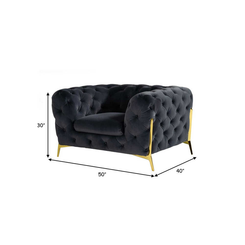 Vigo 50 Inch Accent Chair Chesterfield Tufted Black Velvet Gold Legs By Casagear Home BM317327