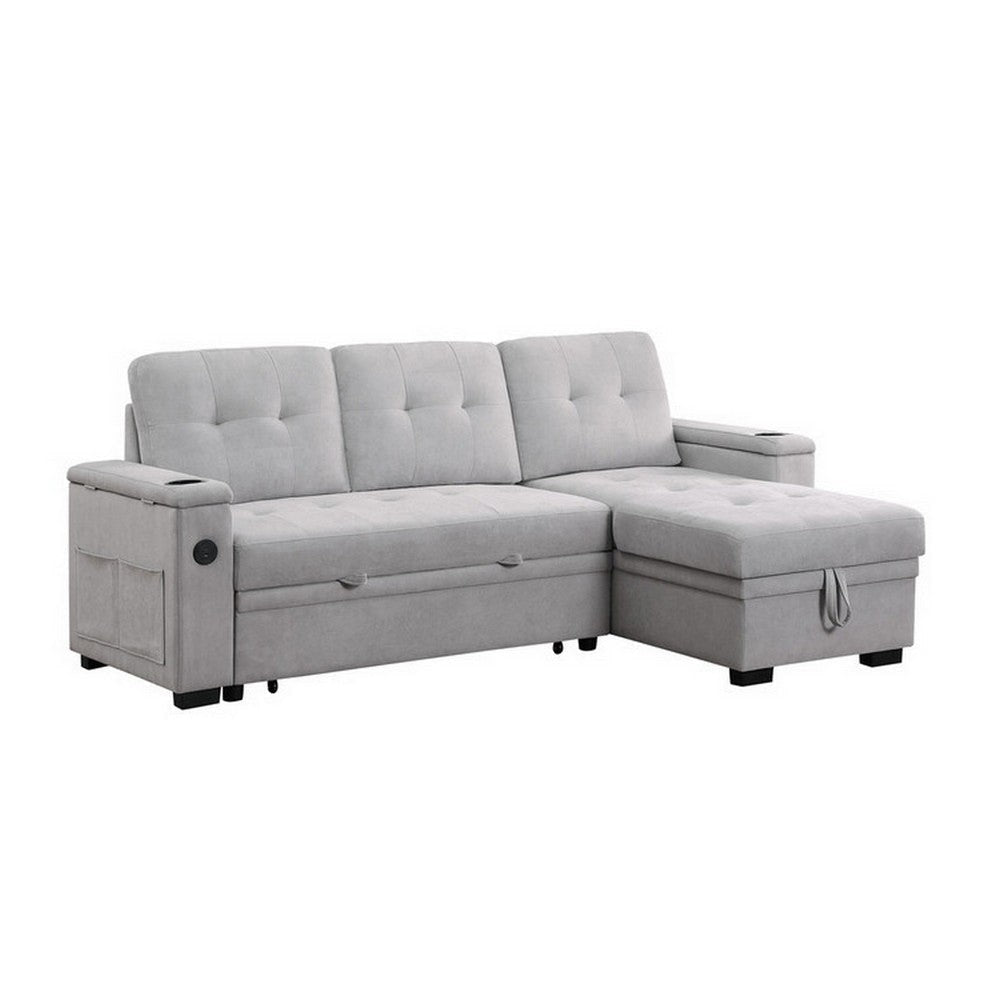 Lna 84 Inch Sectional Sofa Pull Out Bed Storage Chaise USB Light Gray By Casagear Home BM317332