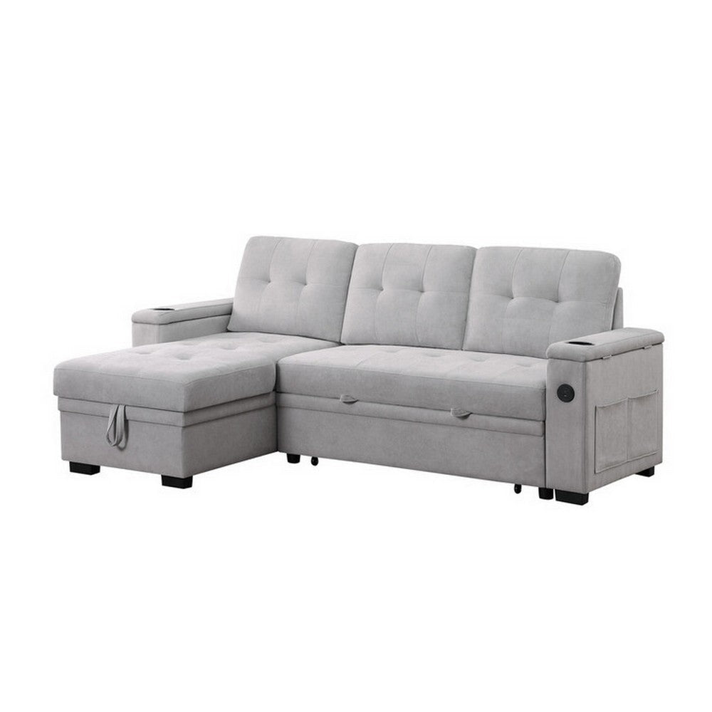 Lna 84 Inch Sectional Sofa, Pull Out Bed, Storage Chaise, USB, Light Gray By Casagear Home