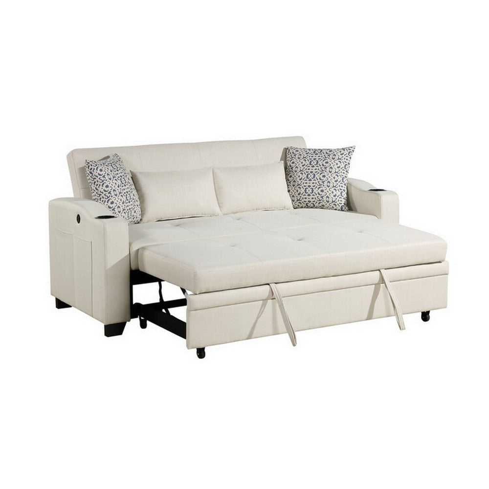 Tene 71 Inch Convertible Sleeper Loveseat USB 4 Accent Pillows Beige By Casagear Home BM317334